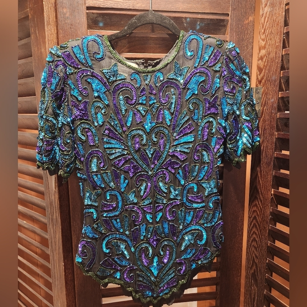 Laurence Kazar Blue and Purple Sequin Blouse